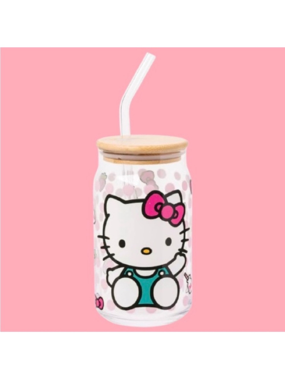 🆕- NWT- HELLO KITTY- GLASS TUMBLER WITH BAMBOO LID AND GLASS STRAW 16oz